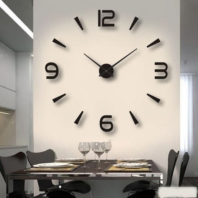 Large frameless 3D DIY wall clock with reflective silver numbers, perfect for a modern living room or office.