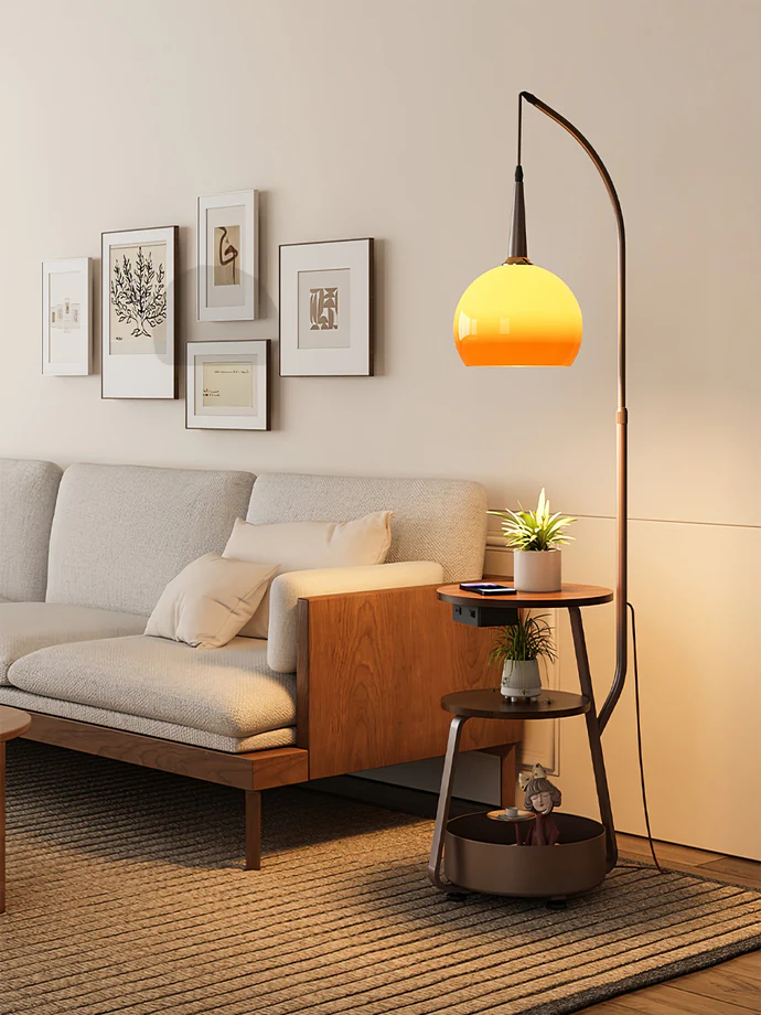 "Modern bedside lamp with Bauhaus design, metal and wood finish, warm ambient lighting, perfect for stylish bedrooms."
