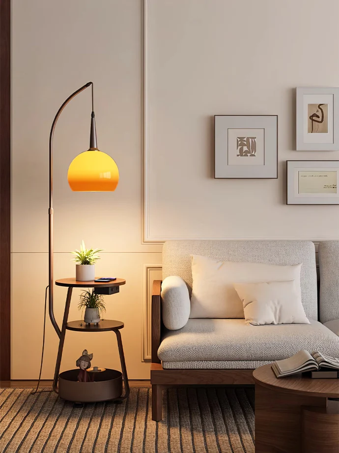 "Modern bedside lamp with Bauhaus design, metal and wood finish, warm ambient lighting, perfect for stylish bedrooms."
