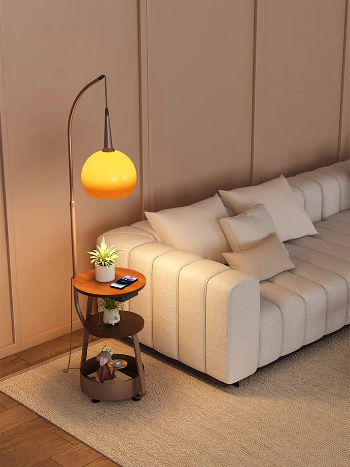 "Modern bedside lamp with Bauhaus design, metal and wood finish, warm ambient lighting, perfect for stylish bedrooms."