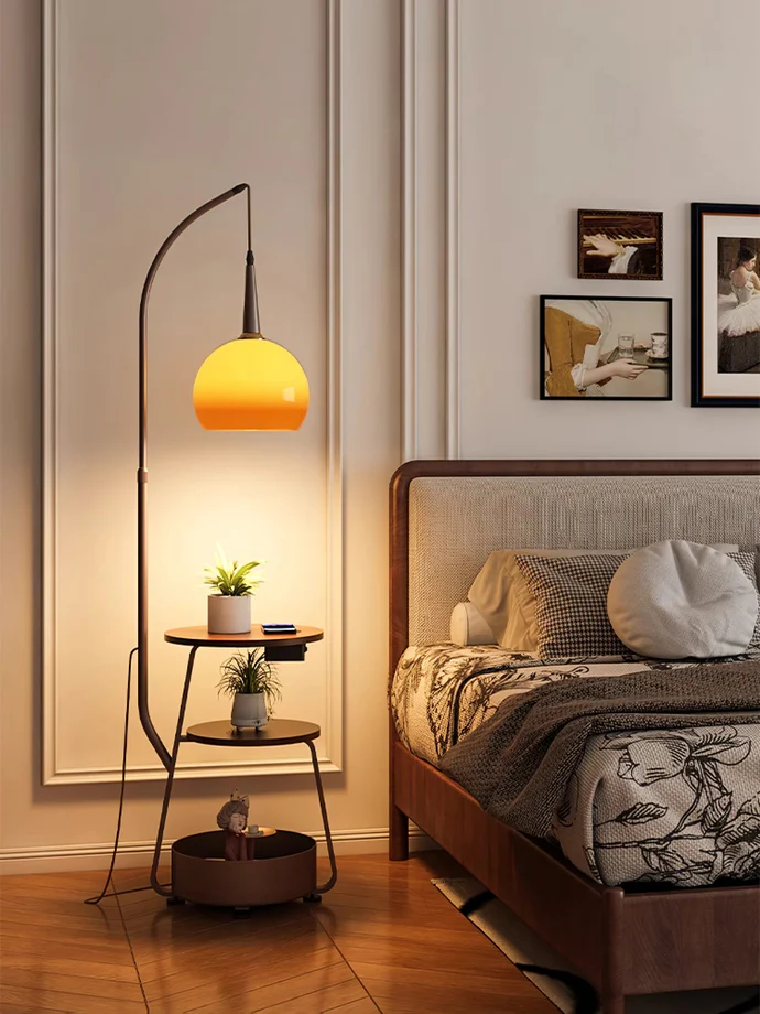 "Modern bedside lamp with Bauhaus design, metal and wood finish, warm ambient lighting, perfect for stylish bedrooms."