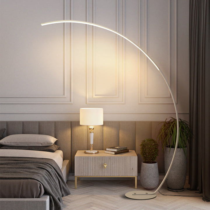 Modern black LED floor lamp with a curved structure, matte finish, and sleek design; perfect for home lighting decoration.