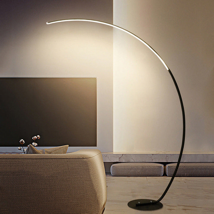 Modern black LED floor lamp with a curved structure, matte finish, and sleek design; perfect for home lighting decoration.