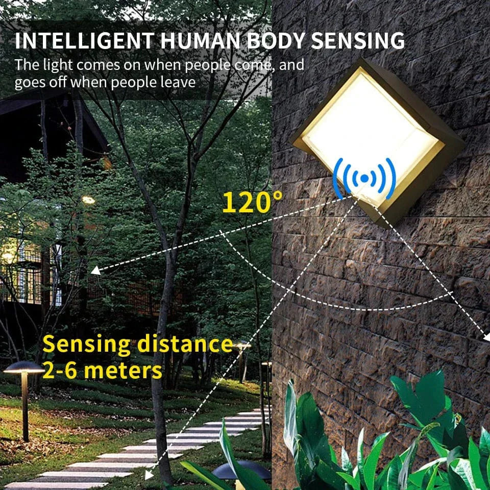 Modern black LED outdoor wall light with motion sensor, waterproof ABS, enhances security, suits balconies, porches, gardens.