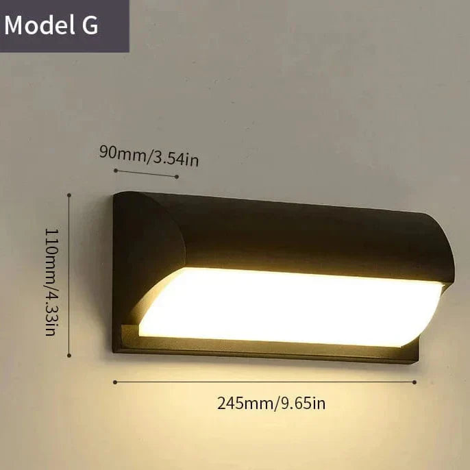 Modern black LED outdoor wall light with motion sensor, waterproof ABS, enhances security, suits balconies, porches, gardens.