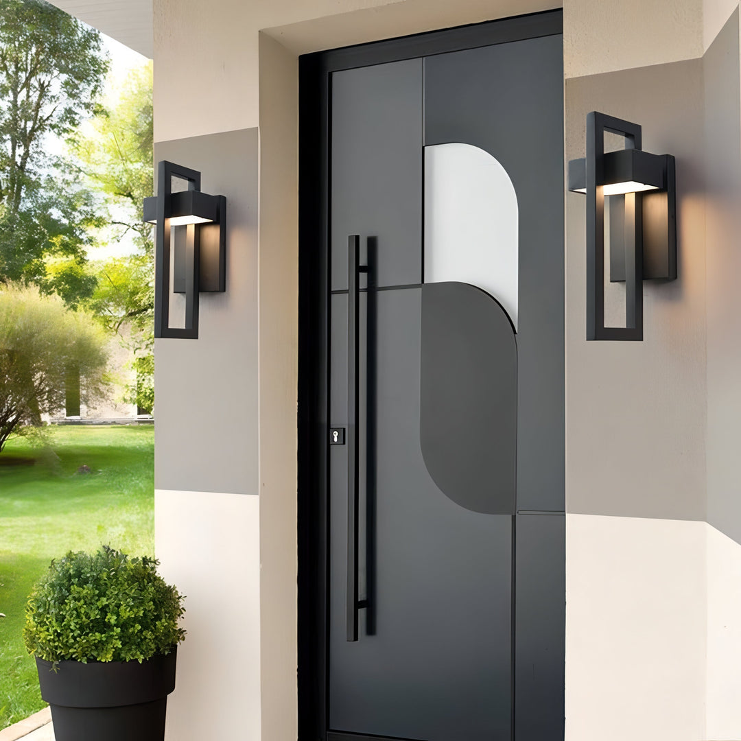 Modern black outdoor wall light with stainless steel finish, sleek design, perfect for enhancing exterior ambiance.