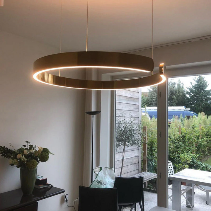 Modern circular LED pendant light, HaloRing design, perfect for contemporary living room decor.