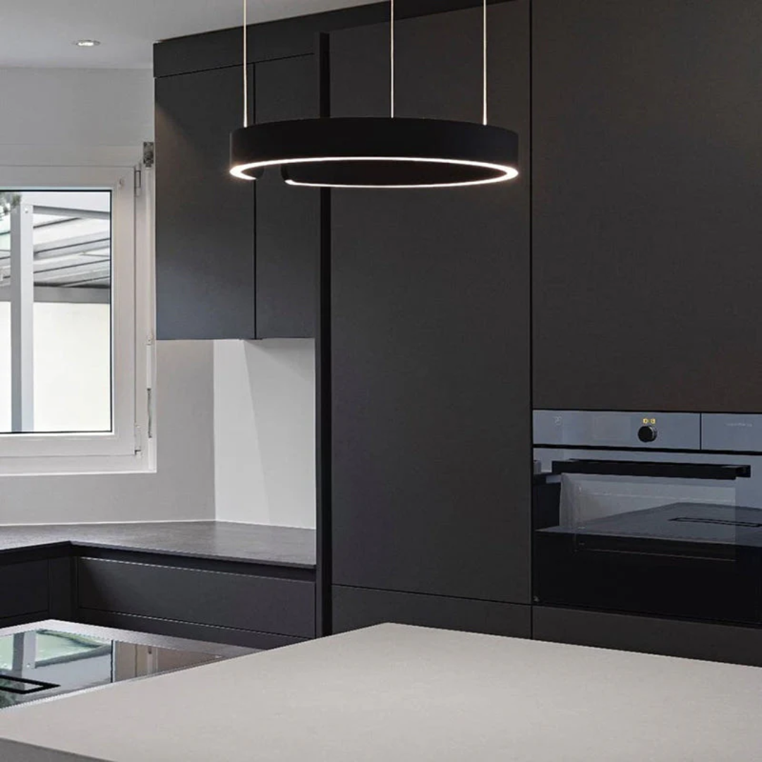 Contemporary circular LED pendant light, HaloRing, illuminating dining areas with modern, energy-efficient glow.