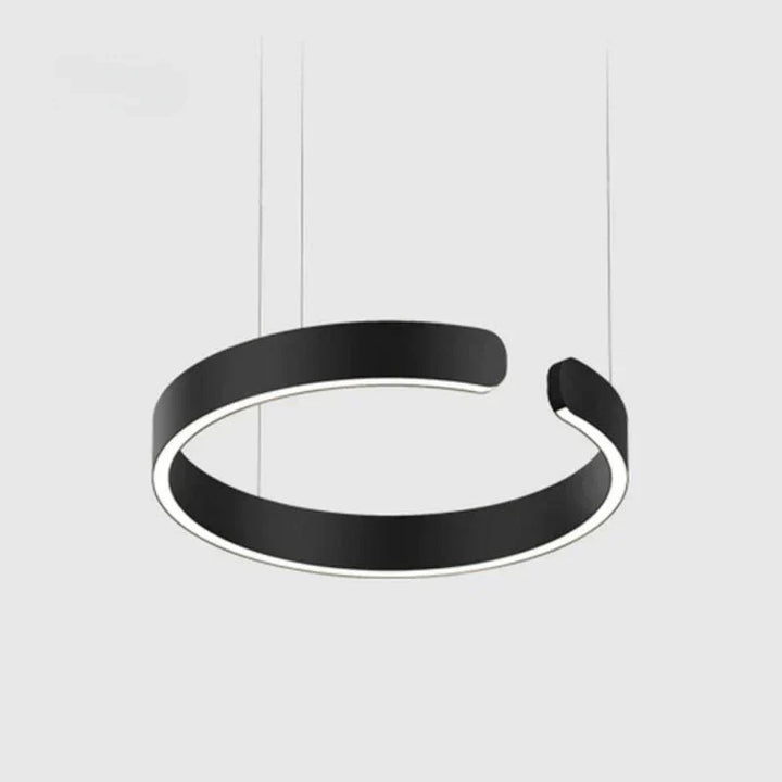 "Modern circular LED pendant light in minimal design, black finish, ideal for elegant home interiors and efficient lighting."