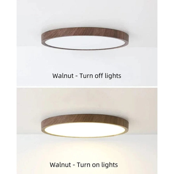 "Modern Circular Ultrathin Wooden LED Ceiling Light with natural or walnut finish, sleek 2.5 cm thick design, 30-40 cm size."