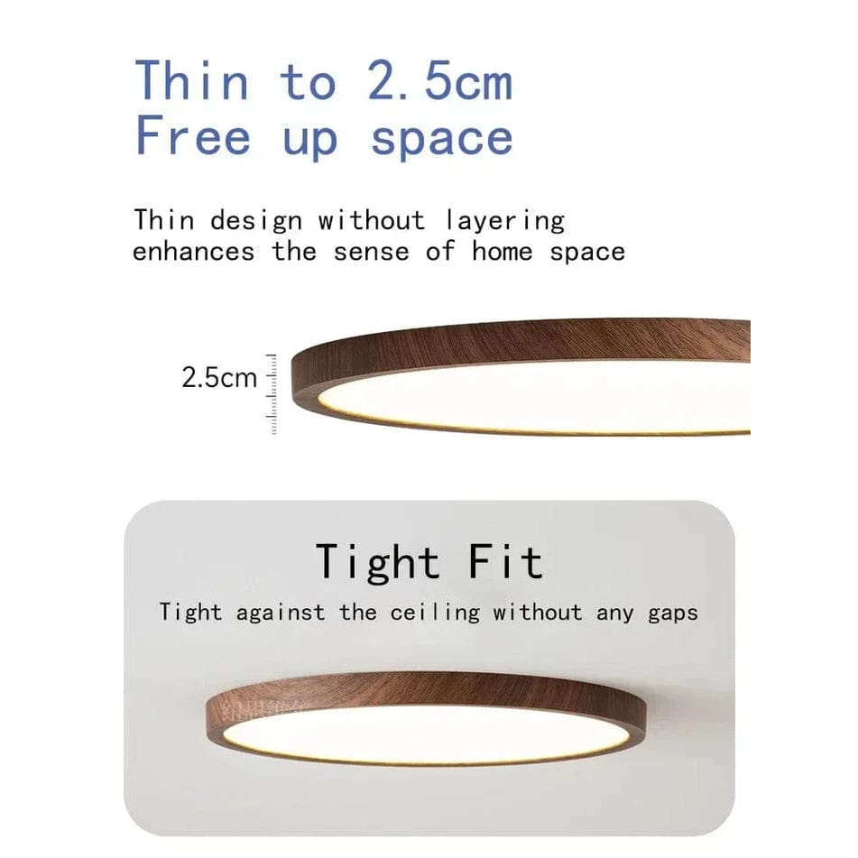 "Modern Circular Ultrathin Wooden LED Ceiling Light with natural or walnut finish, sleek 2.5 cm thick design, 30-40 cm size."