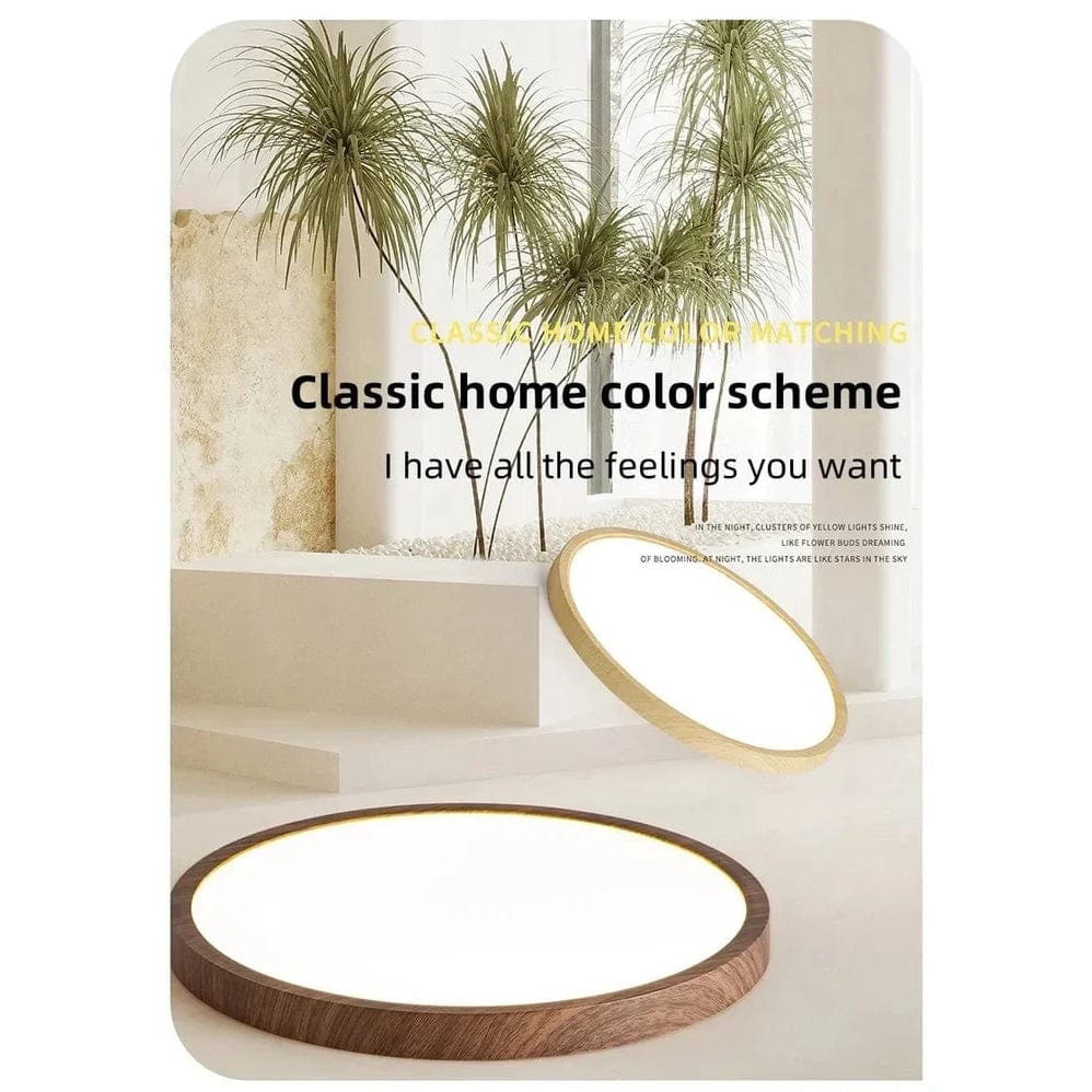 "Modern Circular Ultrathin Wooden LED Ceiling Light with natural or walnut finish, sleek 2.5 cm thick design, 30-40 cm size."