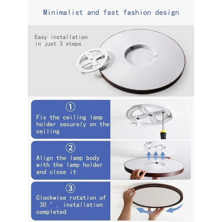 "Modern Circular Ultrathin Wooden LED Ceiling Light with natural or walnut finish, sleek 2.5 cm thick design, 30-40 cm size."