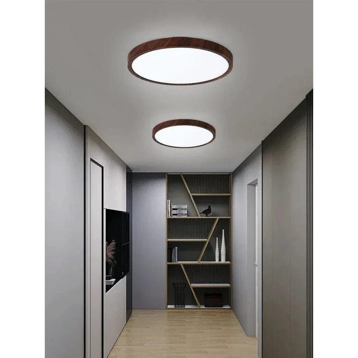 "Modern Circular Ultrathin Wooden LED Ceiling Light with natural or walnut finish, sleek 2.5 cm thick design, 30-40 cm size."