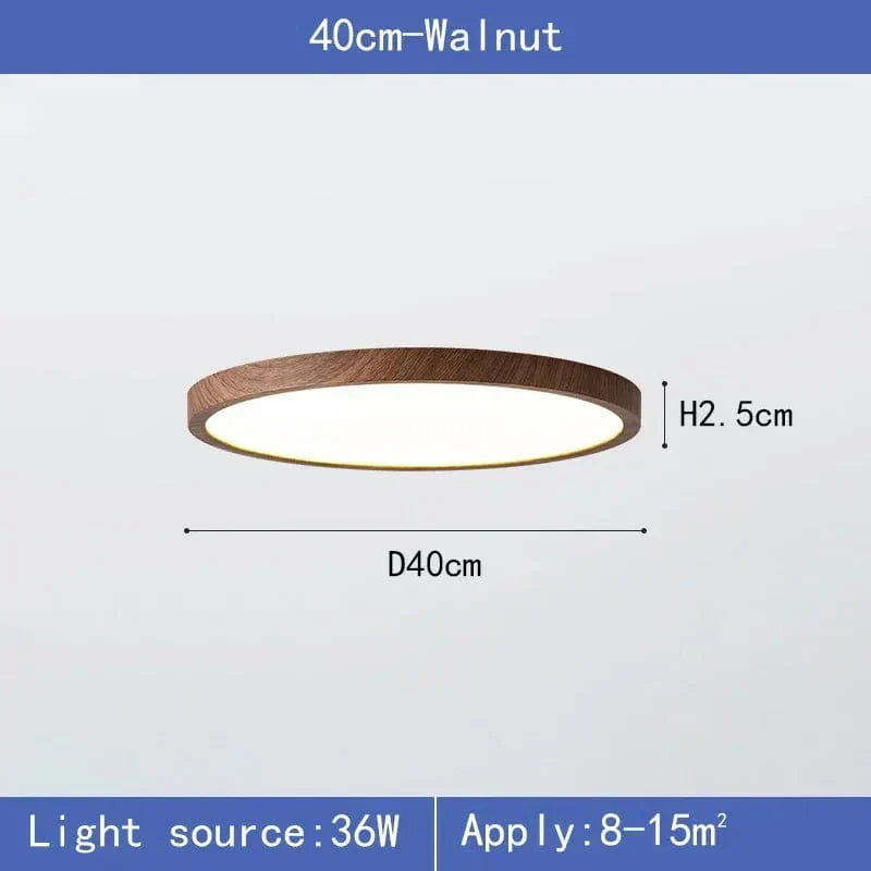 "Modern Circular Ultrathin Wooden LED Ceiling Light with natural or walnut finish, sleek 2.5 cm thick design, 30-40 cm size."