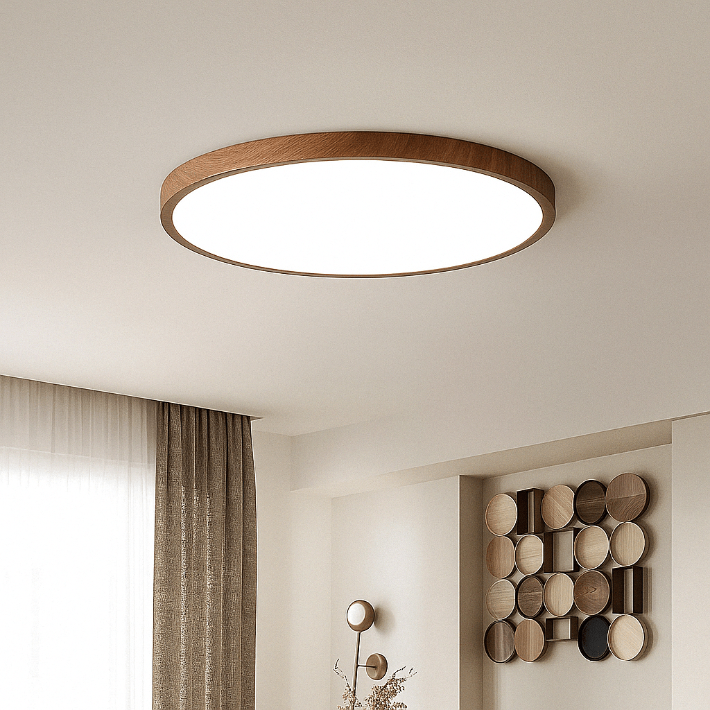 "Modern Circular Ultrathin Wooden LED Ceiling Light with natural or walnut finish, sleek 2.5 cm thick design, 30-40 cm size."