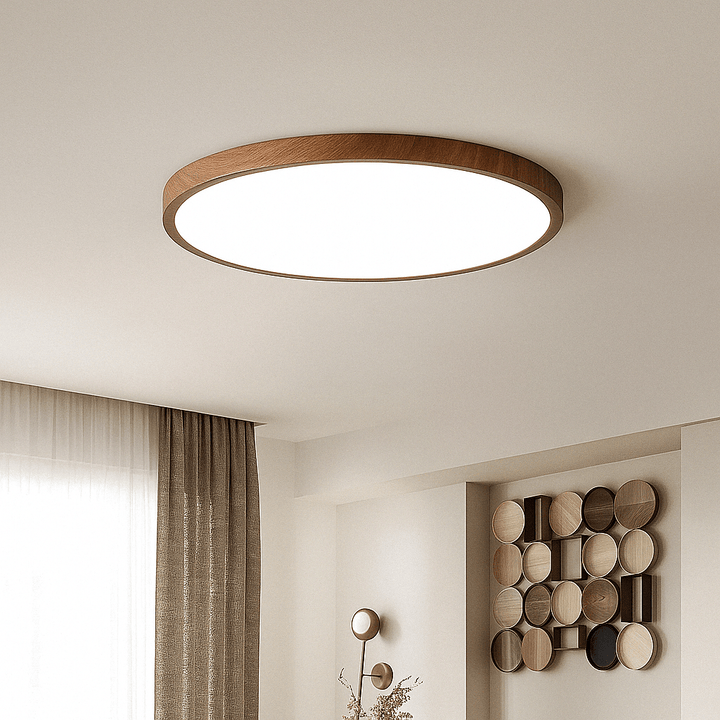 "Modern Circular Ultrathin Wooden LED Ceiling Light with natural or walnut finish, sleek 2.5 cm thick design, 30-40 cm size."