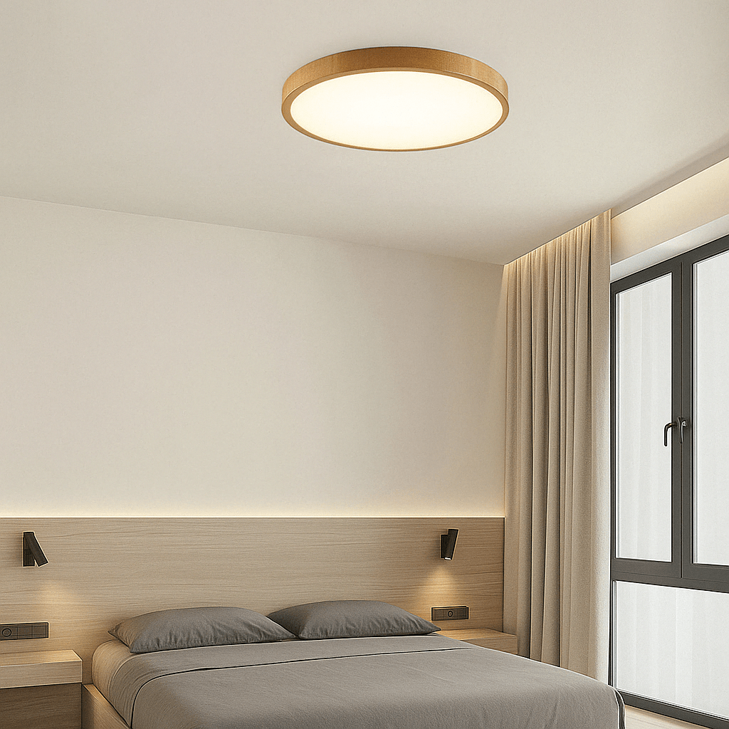 "Modern Circular Ultrathin Wooden LED Ceiling Light with natural or walnut finish, sleek 2.5 cm thick design, 30-40 cm size."