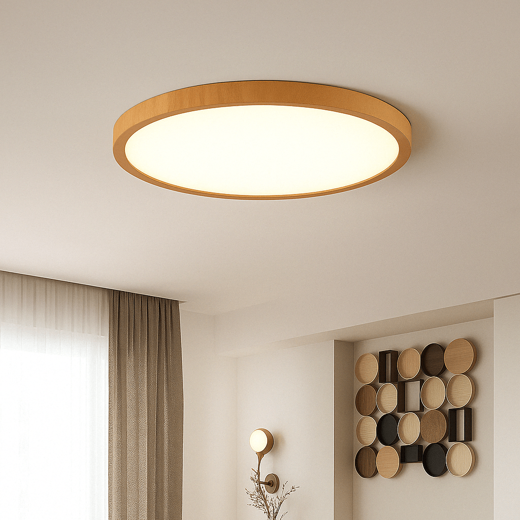 "Modern Circular Ultrathin Wooden LED Ceiling Light with natural or walnut finish, sleek 2.5 cm thick design, 30-40 cm size."