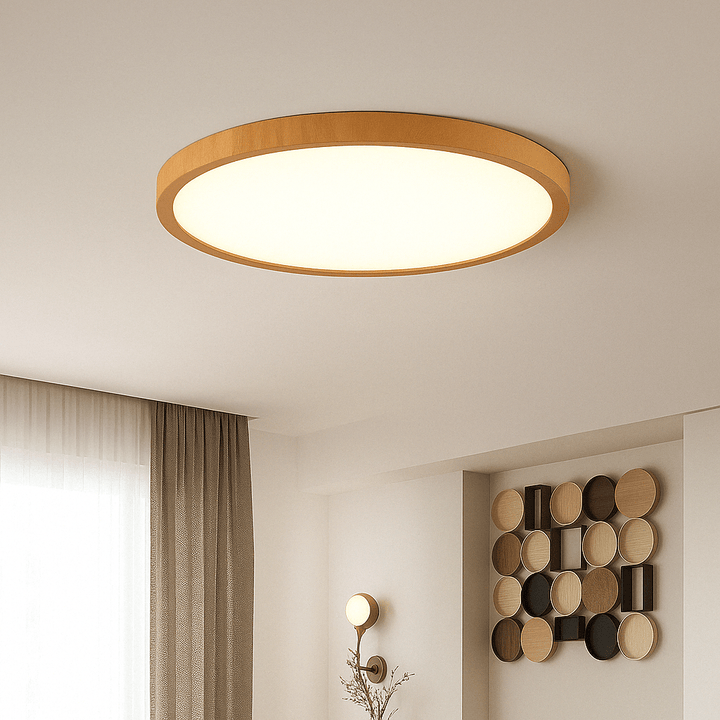 "Modern Circular Ultrathin Wooden LED Ceiling Light with natural or walnut finish, sleek 2.5 cm thick design, 30-40 cm size."