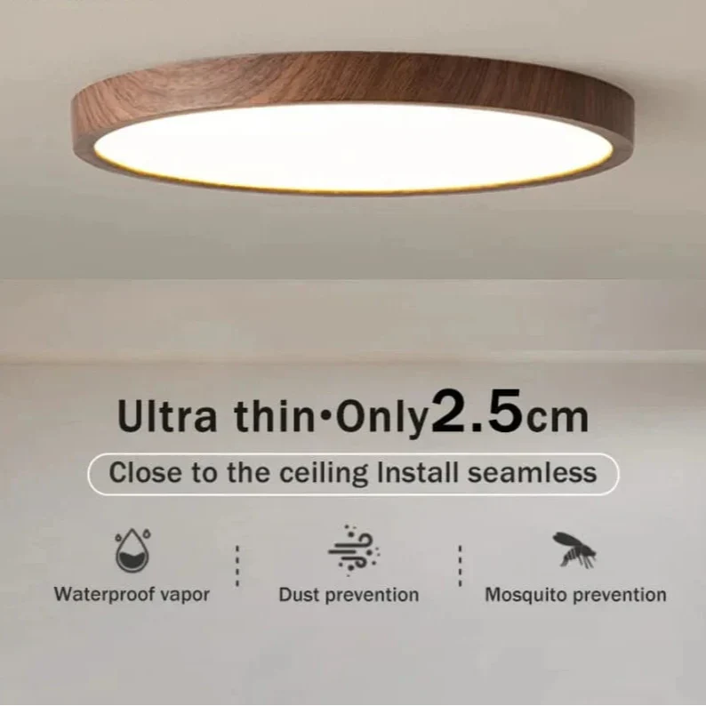 "Modern Circular Ultrathin Wooden LED Ceiling Light with natural or walnut finish, sleek 2.5 cm thick design, 30-40 cm size."