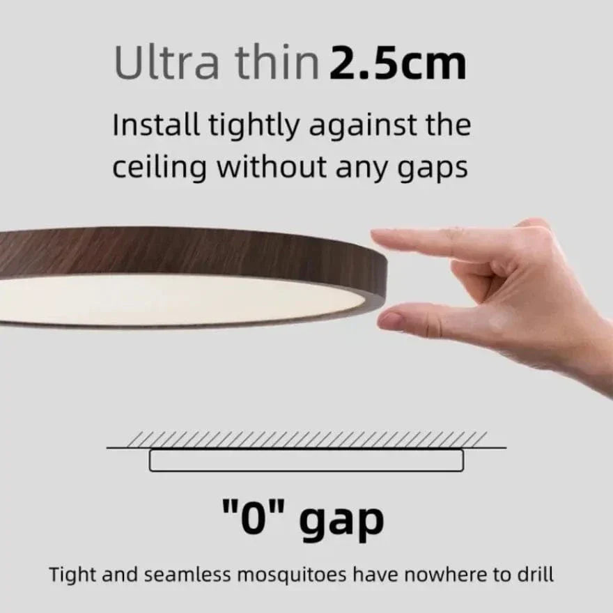 "Modern Circular Ultrathin Wooden LED Ceiling Light with natural or walnut finish, sleek 2.5 cm thick design, 30-40 cm size."