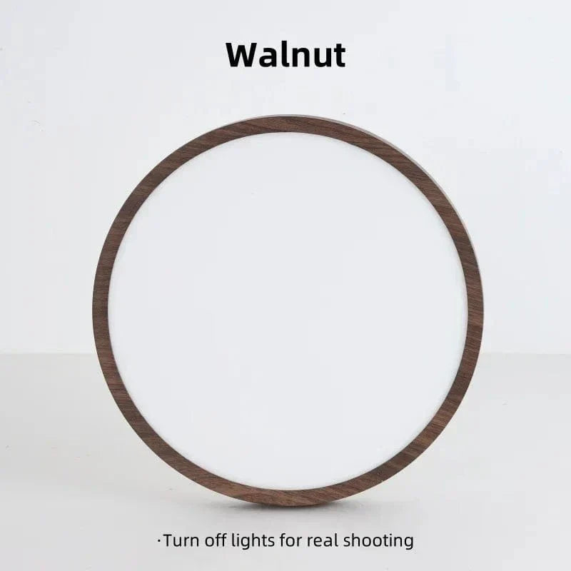 "Modern Circular Ultrathin Wooden LED Ceiling Light with natural or walnut finish, sleek 2.5 cm thick design, 30-40 cm size."