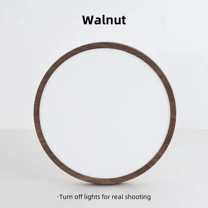 "Modern Circular Ultrathin Wooden LED Ceiling Light with natural or walnut finish, sleek 2.5 cm thick design, 30-40 cm size."