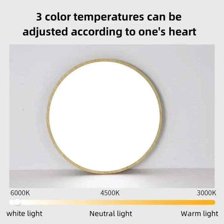 "Modern Circular Ultrathin Wooden LED Ceiling Light with natural or walnut finish, sleek 2.5 cm thick design, 30-40 cm size."