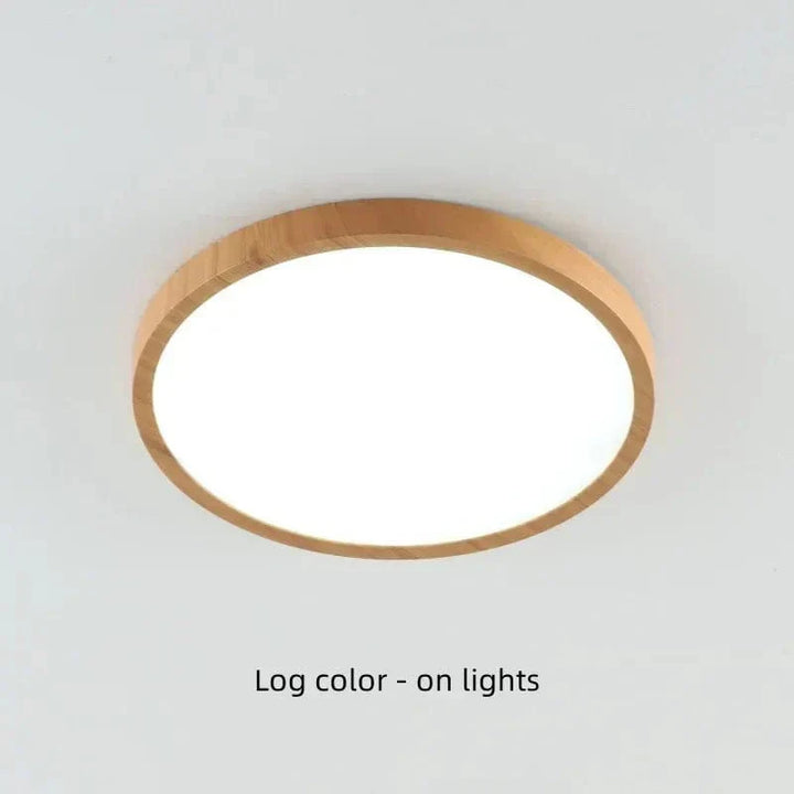 "Modern Circular Ultrathin Wooden LED Ceiling Light with natural or walnut finish, sleek 2.5 cm thick design, 30-40 cm size."