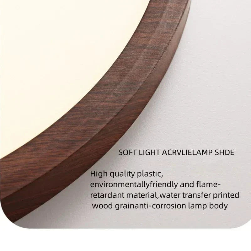 "Modern Circular Ultrathin Wooden LED Ceiling Light with natural or walnut finish, sleek 2.5 cm thick design, 30-40 cm size."