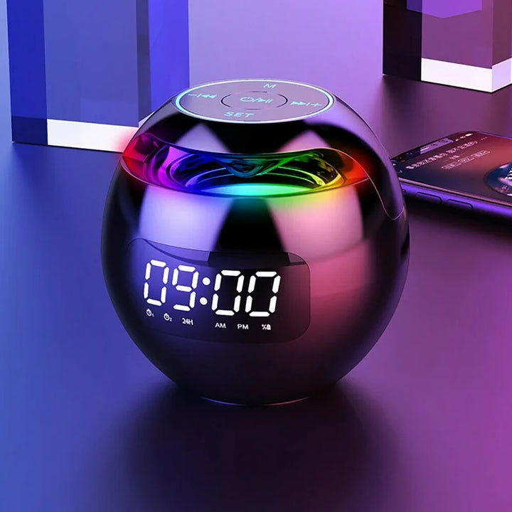 Modern digital alarm clock with Bluetooth speaker & night light. Sleek smart clock for bedroom decor.