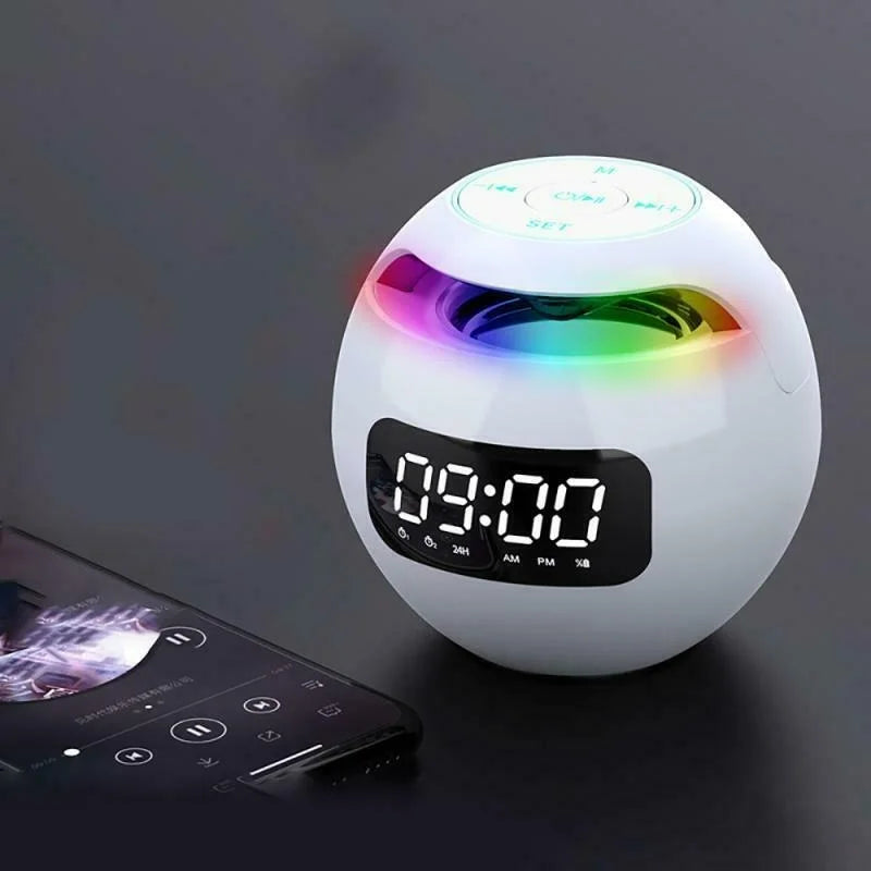 Pink modern digital alarm clock with Bluetooth speaker, night light. Stylish bedroom decor & home audio.