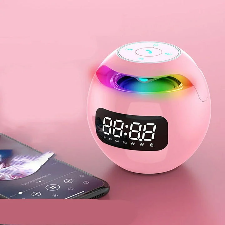 Black modern digital alarm clock, Bluetooth speaker & night light. Smart desktop gadget for home audio.