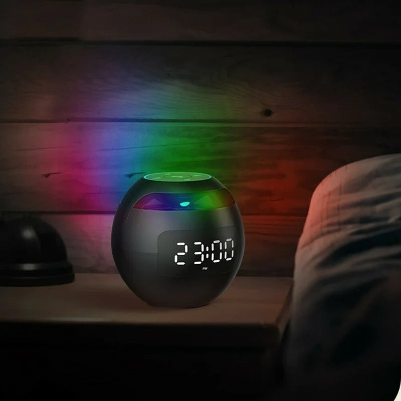 White modern digital alarm clock with Bluetooth speaker, night light. Minimalist smart clock for bedroom.