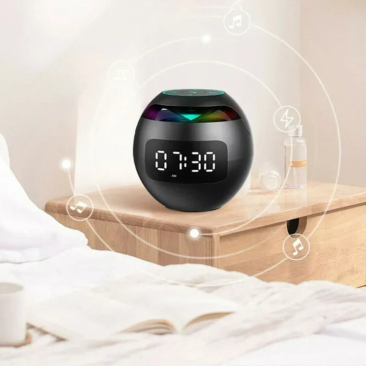 Modern design digital alarm clock with Bluetooth speaker & night light. Smart electronics for bedroom.