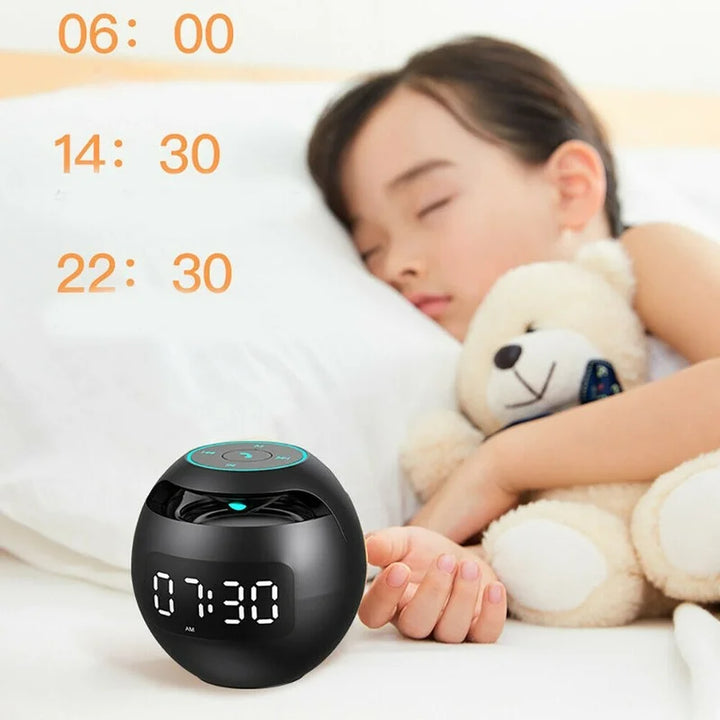 Multi-function digital alarm clock, Bluetooth speaker, night light. Modern desktop gadget & home audio.