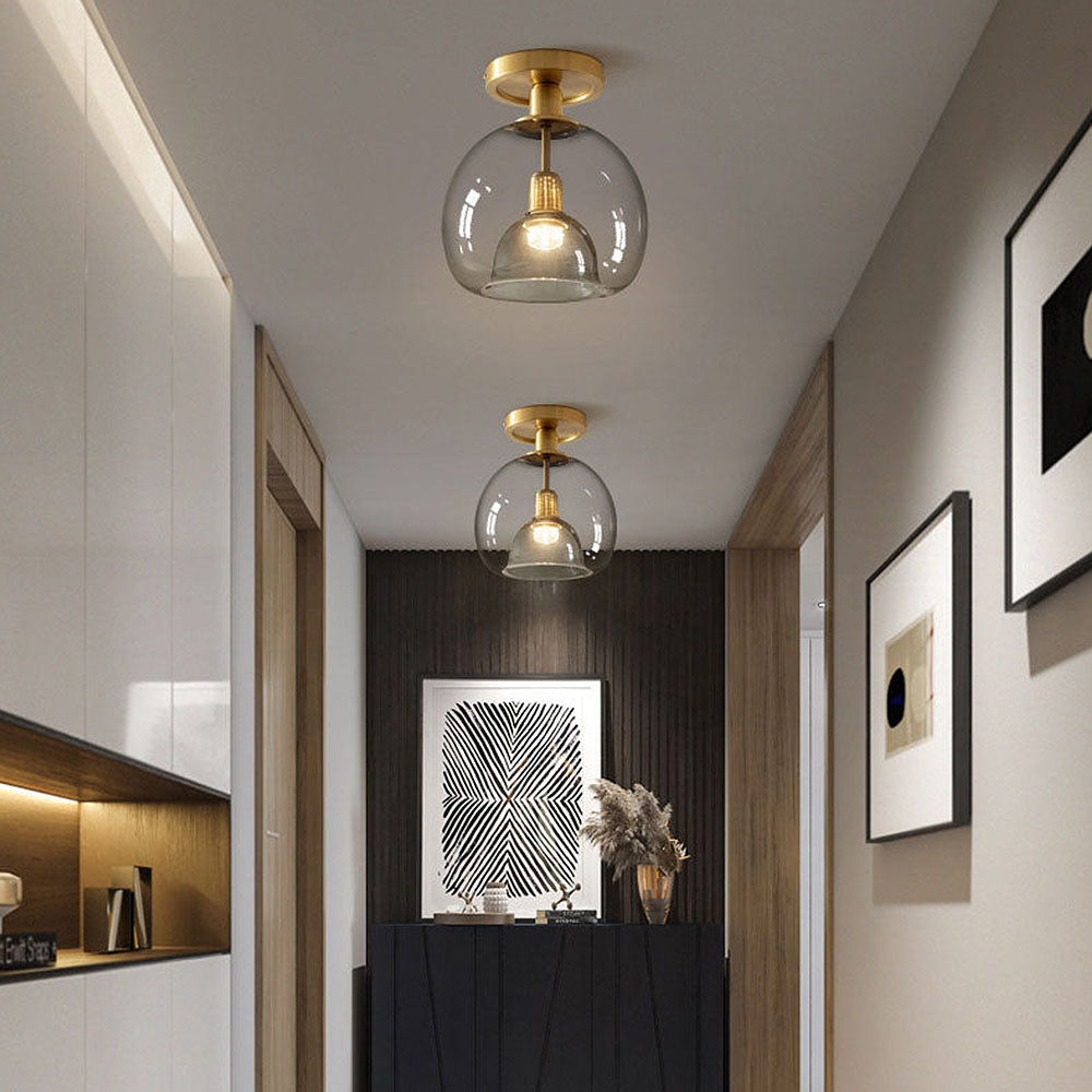 "Modern grey glass ceiling light, sleek and elegant, perfect for illuminating hallways with stylish, even lighting."