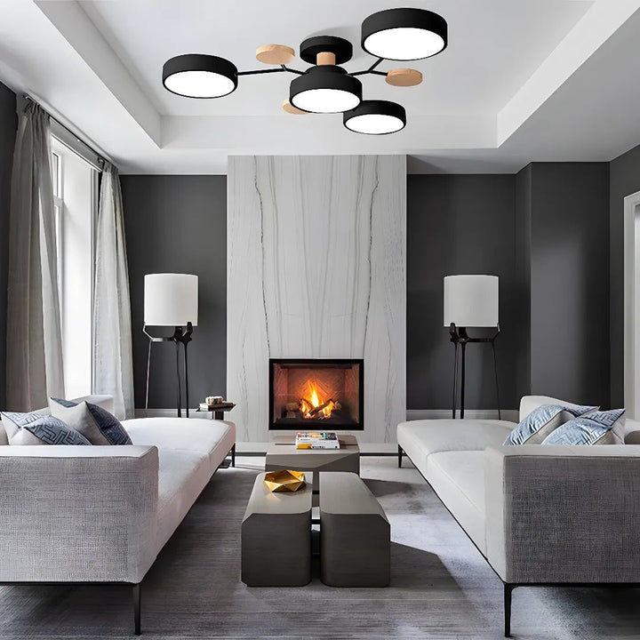 Modern LED ceiling light chandelier with sleek, minimalist design; iron and acrylic materials illuminate living rooms.