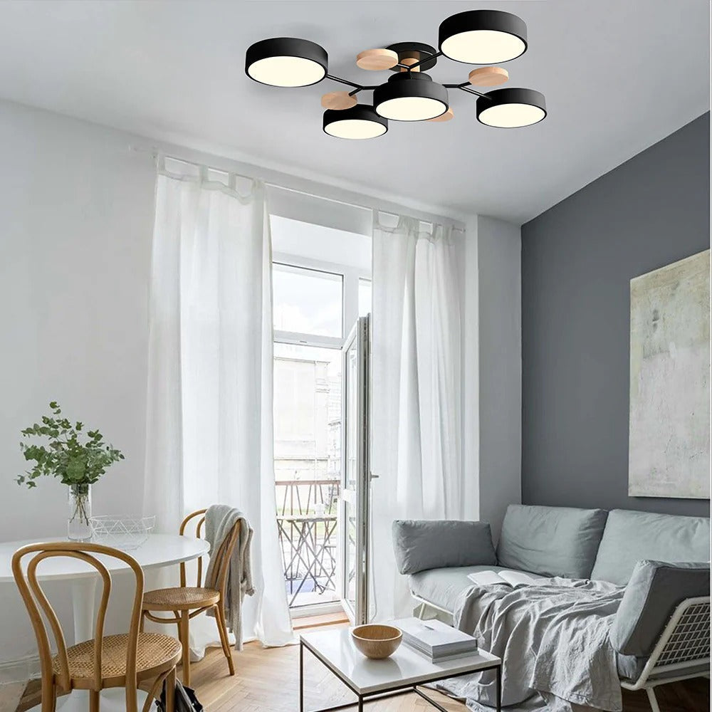 Modern LED ceiling light chandelier with sleek, minimalist design; iron and acrylic materials illuminate living rooms.