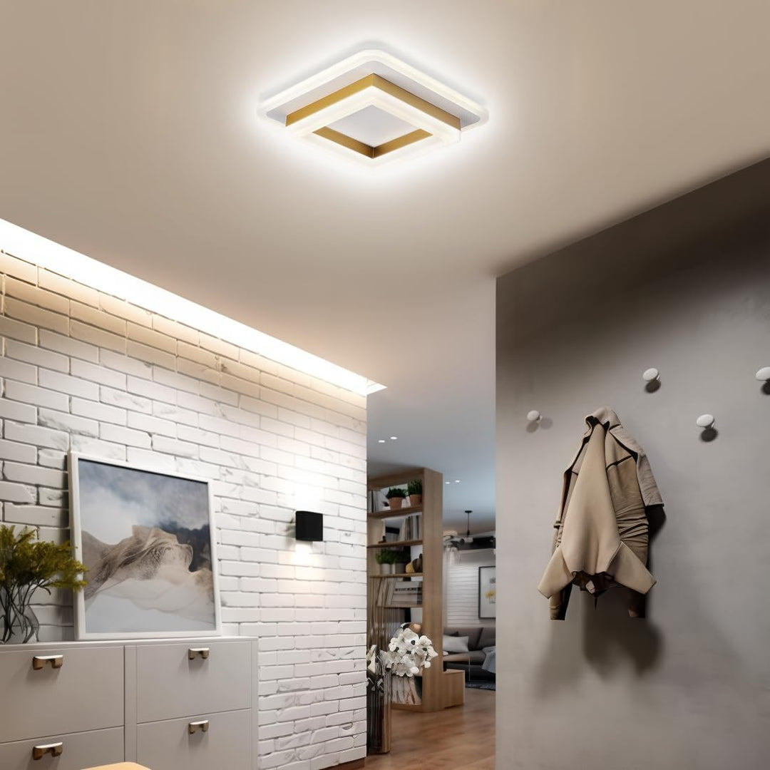 "Modern LED ceiling light with sleek square design, black finish, ideal for stylish hallways, emits bright 1920 lumens."