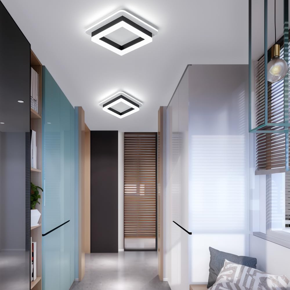 "Modern LED ceiling light with sleek square design, black finish, ideal for stylish hallways, emits bright 1920 lumens."