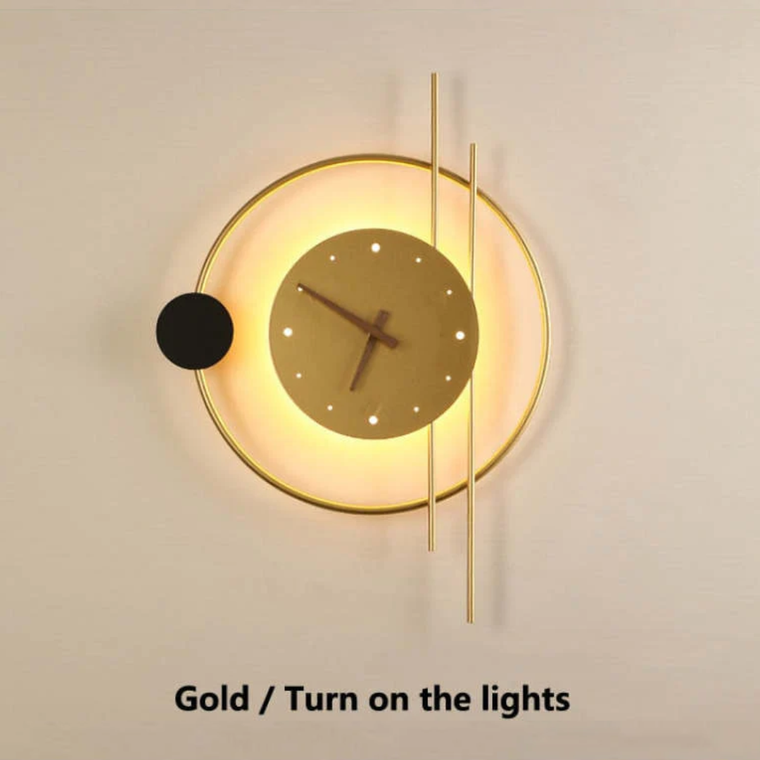 Sleek black LED wall clock lamp, ideal for modern living room & bedroom lighting.