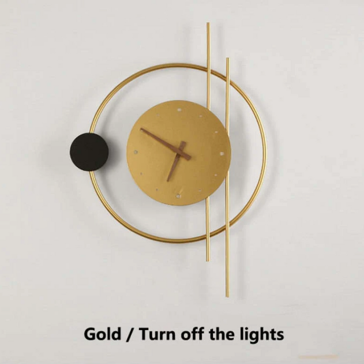 Elegant LED wall clock lamp, contemporary wall art & lighting for living room decor.