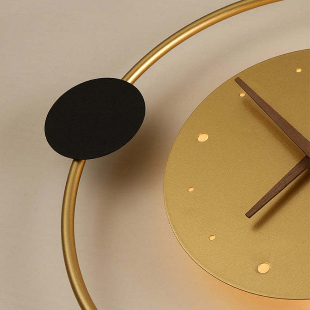 Modern LED wall clock lamp, decorative ambient lighting for a stylish bedroom.