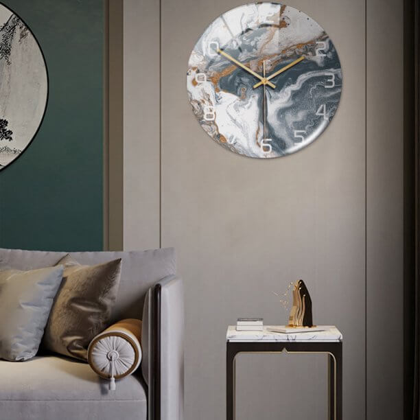 Designer modern marble wall clock, silent, premium elegant decor for upscale living or office.