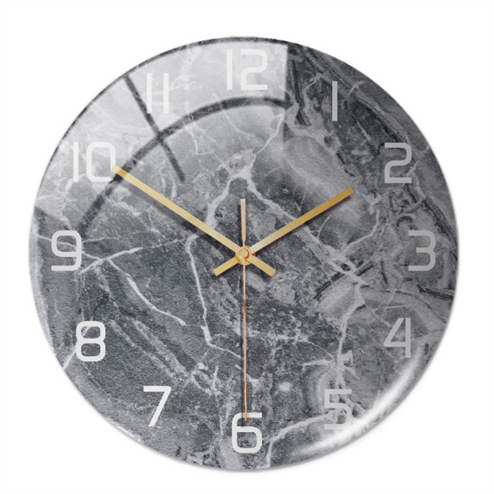 Elegant modern marble wall clock with silent sweep, ideal decorative timepiece for living room.