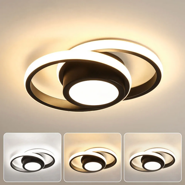 "Modern Minimalist Halo Duo Ceiling Light with a sleek, circular design providing warm, ambient LED illumination."