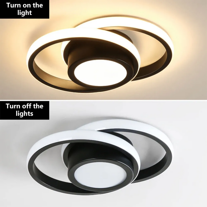 "Modern Minimalist Halo Duo Ceiling Light with a sleek, circular design providing warm, ambient LED illumination."