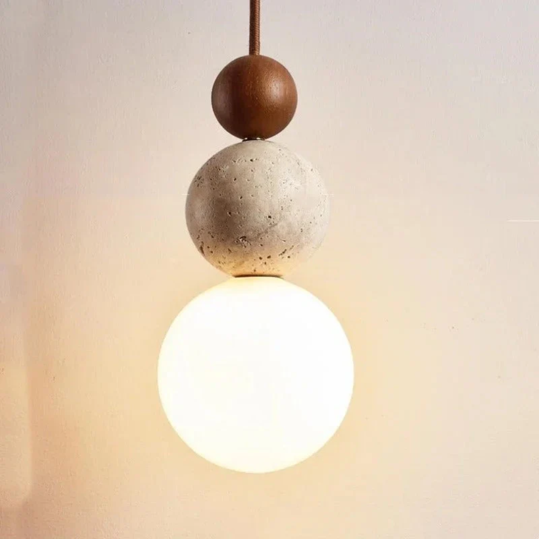 Modern pendant light with natural Travertine and Mahogany for elegant home decor. NaturaLuxe design.